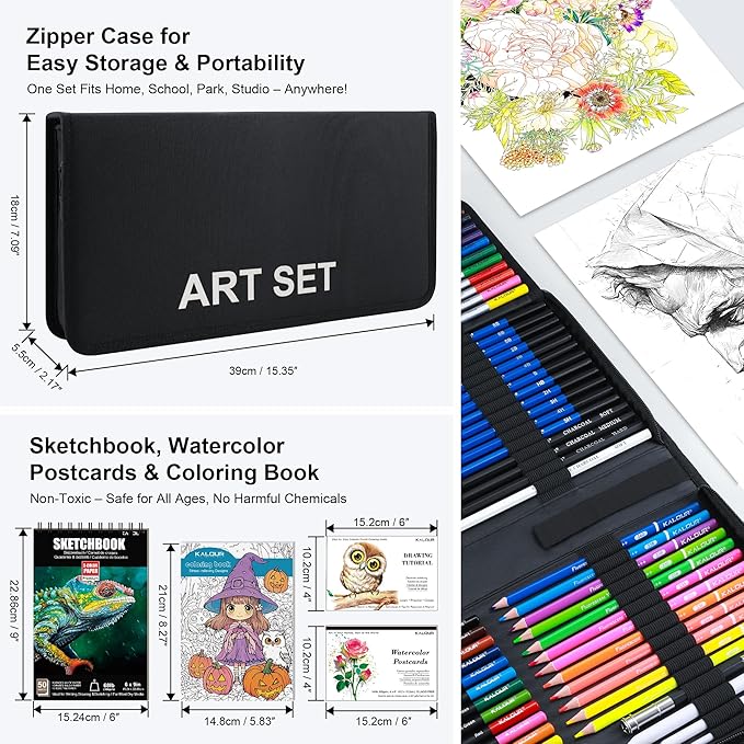 KALOUR 135 Drawing Set Sketching Kit,Art Supplies with 3-color Sketchbook & Coloring Paper,Include Tutorial, Oil Based, Neon,Graphite, Charcoal, Watercolor & Metallic Pencil,for Artist Adults Beginner