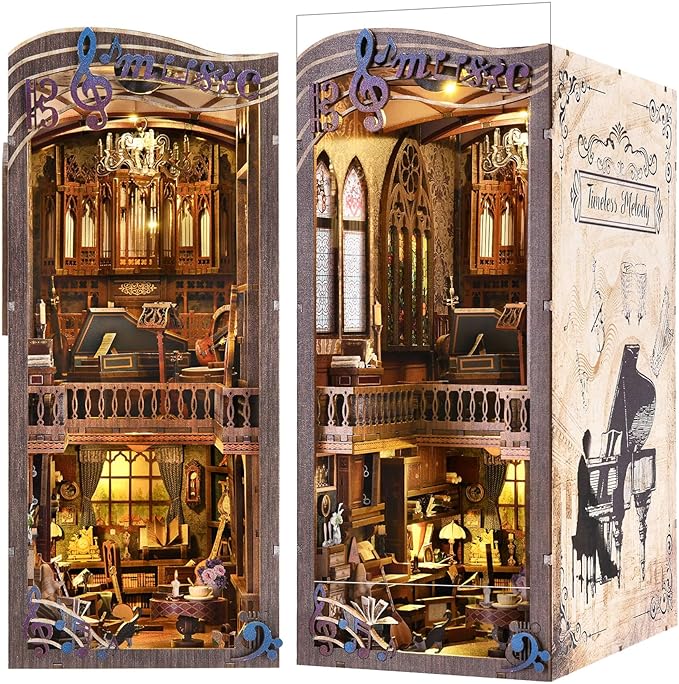 Book Nook Kit Music, DIY Miniature House Kit Book Nook, 3D Wooden Puzzle Bookshelf Insert Diorama Kit with Led Light for Teens and Adults (Timeless Melody)