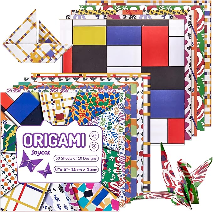 Origami Paper 6x6 Inches, 50 Sheets, Vintage Masterpiece & Impressionist Art, Mondrian Neo-Plasticism & Matisse - Fauvism,Double-Sided Folding Paper for Adult,Kids, Ideal for Scrapbooking, DIY Craft