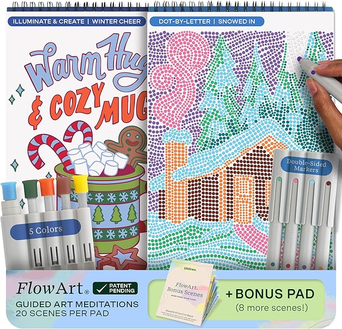 Lifelines FlowArt Activity Pad, 2-Pack Winter Set + Bonus Pad - Guided Art Meditations with Markers – Dot-by-Letter & Illuminate & Create - Coloring Books for Tweens, Adults & Seniors