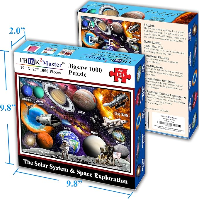 Think2Master Solar System & Space Exploration 1000 Pieces Jigsaw Puzzle for Kids 12+, Teens, Adults & Families. Great Gift for stimulating Learning About Astronomy. Size: 19” X 27”