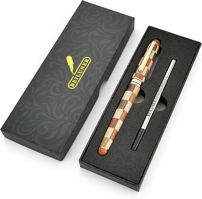 BEILUNER Luxury Wood Ballpoint Pen Writing Set, Chess Style - Elegant Fancy Nice Gift Pen Set for Signature Executive Business Office Supplies - Gift Boxed with Extra Refills (Black)