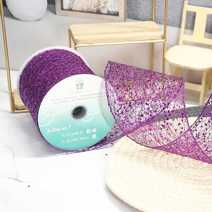 CT CRAFT LLC Sparkling Glitter Mesh Wired Ribbon 4" x 10 Yards Purple for Christmas Home Decor Bow Gift Wrapping DIY Crafts Wreath
