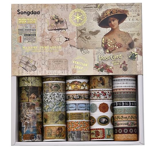 36 Rolls Vintage Washi Tape Pack Retro Arts Adhesive Tapes Wide Chronicle Decorative Masking Tape Sets for Craft, Kids, Scrapbook, DIY, Gift Wrapping (Madame de Pompadour)