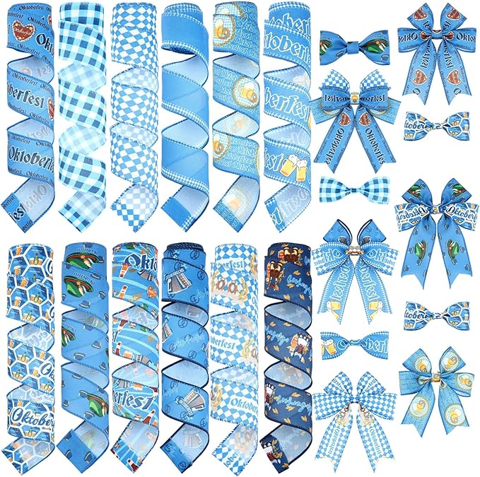12 Rolls Oktoberfest Wired Edge Ribbon for Wreaths 2.5 Inch x 30 Yards Blue and White Print Grosgrain Ribbon Bavarian German Beer Crafts for Oktoberfest Party Decorative Supplies, 12 Styles