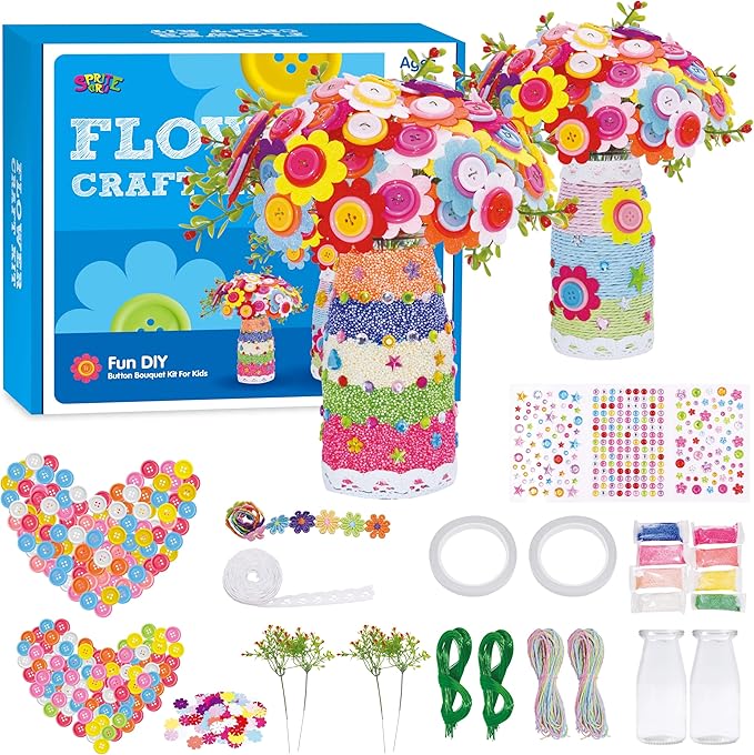 SpriteGru Flower Craft Kit for Kids, Make Your Own Flower Bouquet with Buttons and Colorful Petals, Art Vase and Craft DIY Activity Gift for Boys & Girls Age 4 5 6 7 8 9 10 Year Old (2 Glass Vase)
