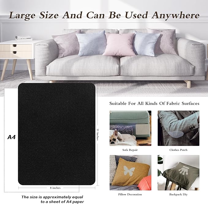 KING MOUNTAIN Fine Linen Repair Patches, Self-Adhesive Linen Fabric Patches, 8X11 inch Extra Size, Multi Color, Can be Used for Linen Sofa Repair and Linen Clothes Repair(Black,8" x 11")