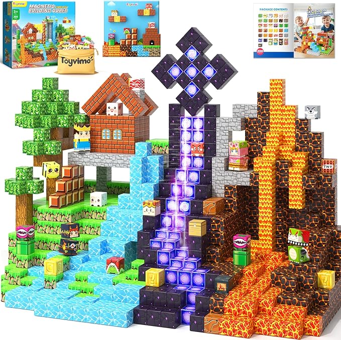 200PCS Magnetic Blocks Toys for Kids Ages 3-5 6-8 8-12 with Magnetic Board Sensory Kids Toys Stacking Blocks, Build Mine Magnet World-3 4 5 6 7 8 9 10 Year Old Boy Girls Birthday Gifts