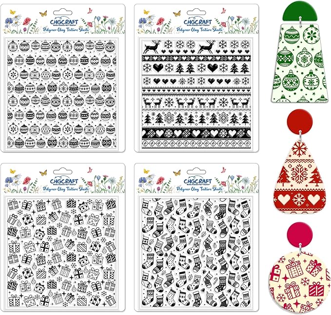 CHGCRAFT 4 Pcs Christmas Polymer Clay Texture Sheets Knitted Patterns Silicone Texture Stamp Snow Socks Clay Texture Mat Modeling Pattern Pad Sheets for Jewelry and Earrings Tools, 5.5x5.5 inch