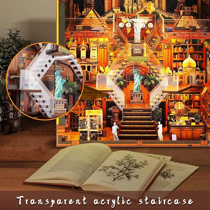 Book Nook Kit - DIY Miniature World Library Booknook - 3D Wooden Puzzle with LED Lights - Creative Bookshelf Insert & Educational Gift for Adults