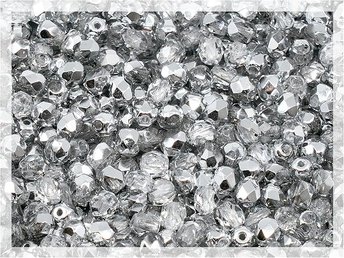 1.8 oz (50g, Approx. 600pcs) of Faceted Fire Polished Pressed Czech Glass Beads 4mm (0.16in), Crystal Silver Aluminum Labrador 00030-27001 BCV