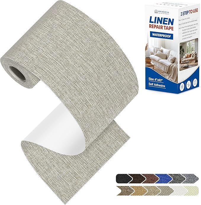 KING MOUNTAIN Linen Repair Patches, Self-Adhesive Linen Fabric Patches, 4 X 63 inch Extra Size, Multi Color, Can be Used for Linen Sofa Repair and Linen Clothes Repair (Cream-Gray 1.0)