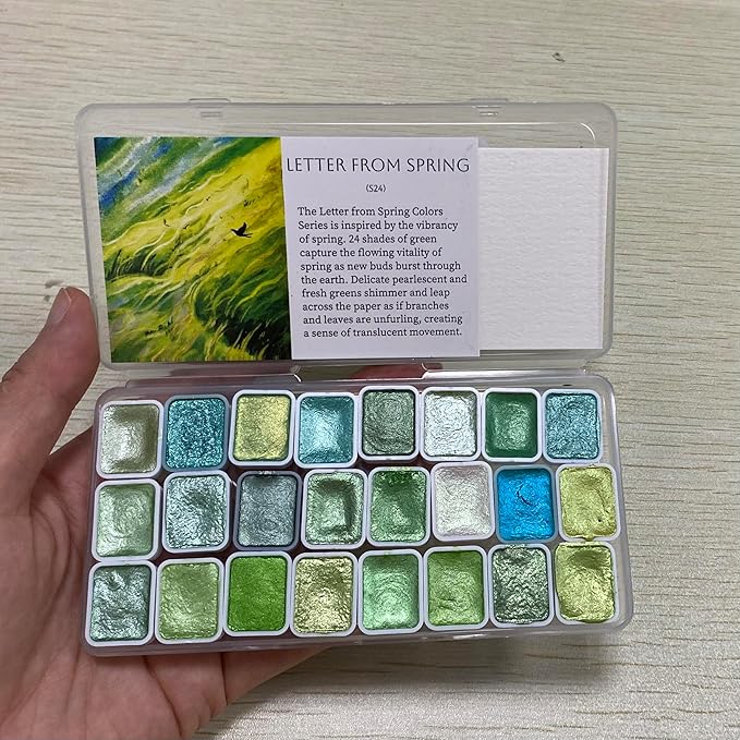 Mini Glitter Watercolor Paint Set with Paper, 24 Colors Shimmer Metallic Watercolour Painting Sets, Solid Pearl Water Color Paints for Adult, Kids, Green 1ml Trial Pack(Letter from Spring)