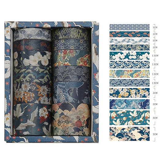 12 Rolls Kyoto Charm Washi Tape Set Japanese Arts Adhesive Tapes Geometric Garden Decorative Masking Tape Sets for Craft, Kids, Scrapbook, DIY, Gift Wrapping (Azure Tranquility)