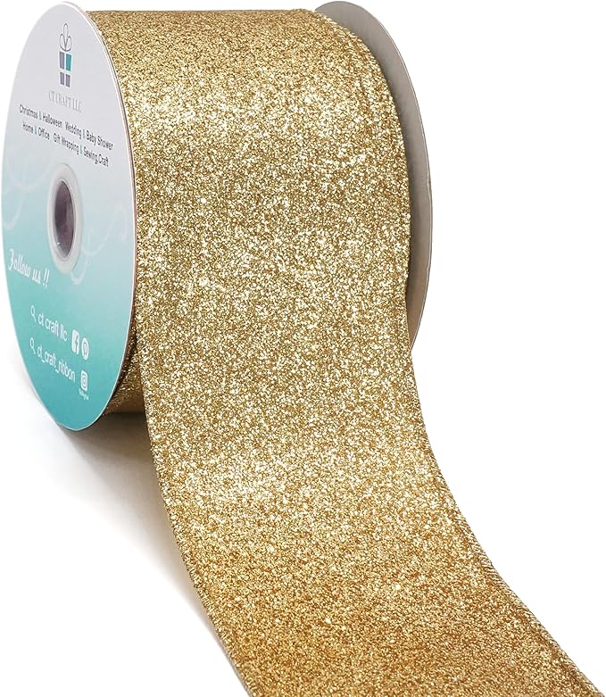 CT CRAFT LLC Glitter Wired Ribbon 2.5" x 10 Yards Light Gold for Christmas Home Decor Bow Gift Wrapping DIY Crafts Wreath