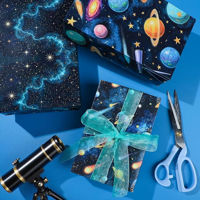 Pineraap 12 Sheets Galaxy Telescope Wrapping Paper, Starry Sky Gift Wrap Folded Flat Blue Space Craft Paper for Astronomy Lovers Birthday Party Baby Shower Present Packing, 19.7 x 27.6 Inch