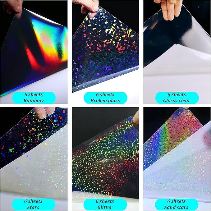 36 Sheets Holographic Sticker Paper Waterproof 8.5" x11'' Clear Vinyl Sticker Sheets Self-Adhesive Rainbow Overlay Sheets with 6 Styles Mixed