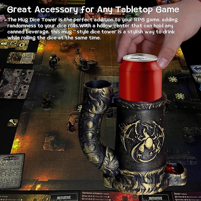 Mug Dice Tower - Dice Rolling Tower,(7PCS D20 Dice Set Included) for DND Gift and Dungeons and Dragon, Tabletop Games, Drink Holder, Tavern Style Board Game Roller (Gold)