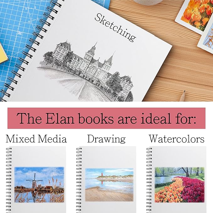 Elan A5 Sketchbook, 80 Sheets Italian Paper 80 lb/120 GSM, Acid-Free Sketch Book 8.3x5.8 Inch, White Drawing Paper Pad, Spiral Bound Sketchbook A5