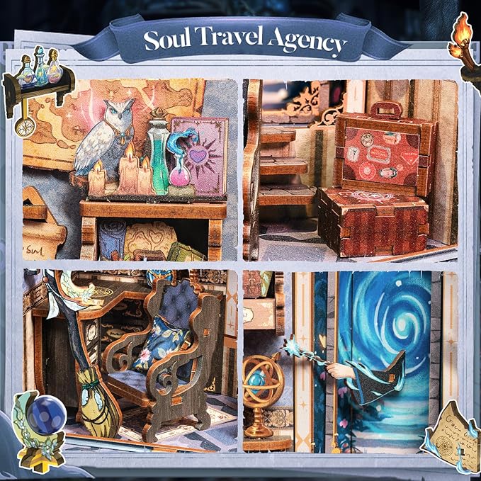 CUTEBEE Book Nook Kit - DIY Miniature House Dollhouse Kit for Adults and Teens, Booknook Tiny House Bookshelf Decor 3D Wooden Puzzle, Gifts for Family Friends (Soul Travel Agency)