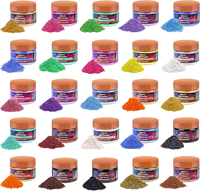MTBJZJ Mica Powder for Resin, 25 Colors - 20g/Bottle of Epoxy Resin Color Pigment,for Candle Dye, Lip Gloss Pigment, Soap Making, Slime Colorant, Paint, Bath Bombs,Nail Polish and Eye Shadow