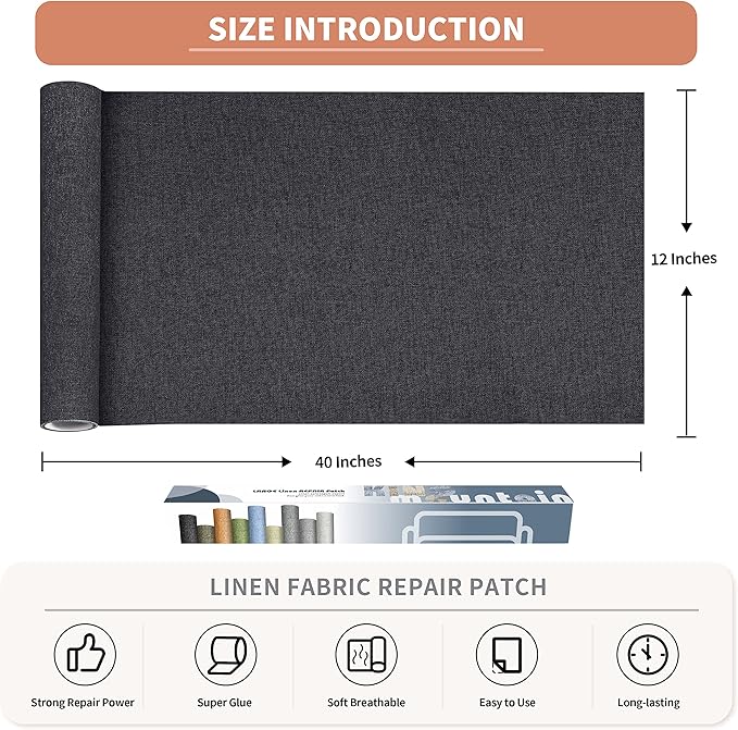 Fine Linen Fabric Patches, Self-Adhesive, Extra Large 12x40 inch, Multi Color, for Sofa & Clothes Repair (Dark Grey)