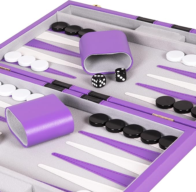 Backgammon Set 15 inch, Large - Classic Board Game for Adults and Kids with Premium Leather Case - Includes Strategy & Tip Guide (Purple)