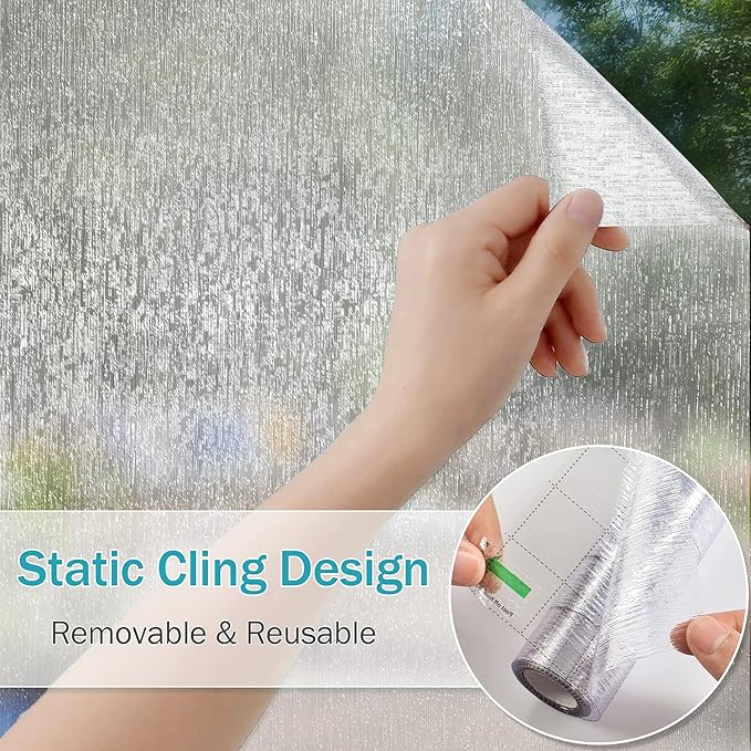 VELIMAX Rain Glass Window Film Privacy Static Window Clings Decorative Glass Sticker for Home Office Removable UV Protection Heat Control 35.4 x 118 inches