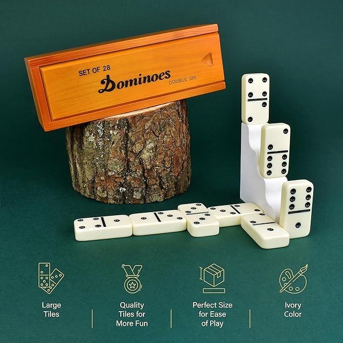 Queensell Jumbo Dominoes Set for Adults and Kids – Domino Set for Classic Board Games – Jumbo Dominoes Double 6 for Travel Games – Dominos Set for Adults 28 Tiles