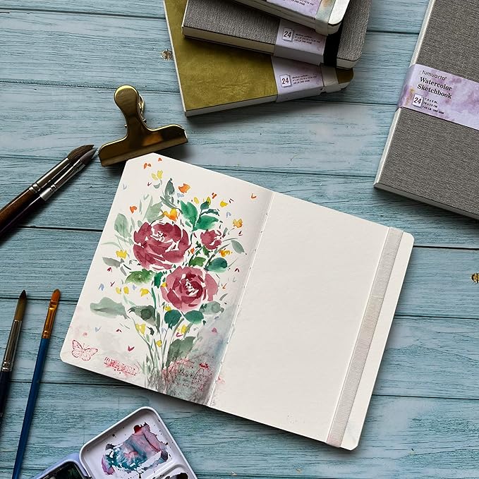 tumuarta Square Watercolor Sketchbook, 6x6, 140 LB, 300GSM, 100% Cotton Paper, Cold Press, 24 Sheets,48 Pages, Watercolor Journal for Use As Plein Air Sketch Book and Mixed Media Pad On The Go.