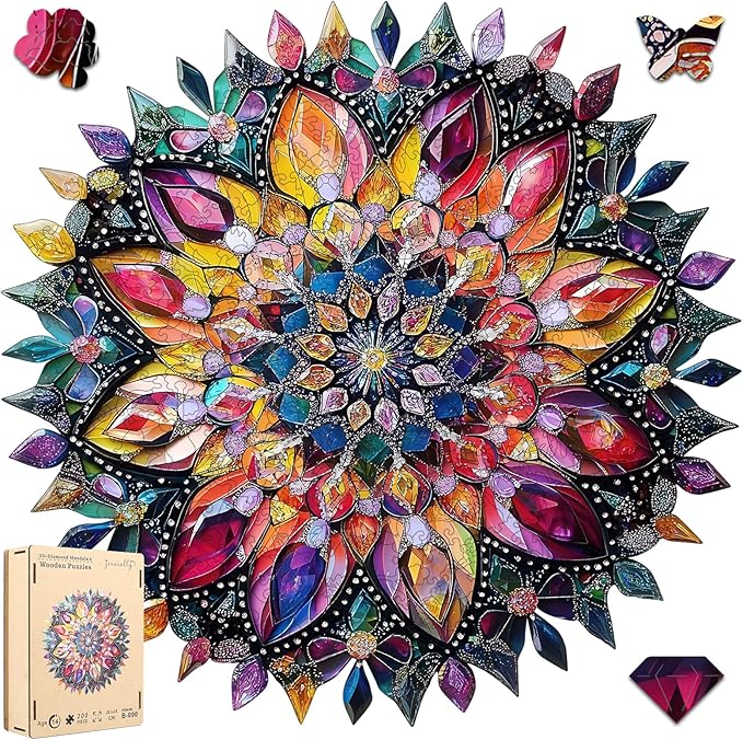 Wooden Jigsaw Puzzles 500 Pcs - Diamond Mandala Wooden Puzzles for Adults, Luxurious Shaped Wood Puzzle, Beautiful Package, Best Gift for Adults and Kids, Family Game, 16.7'' x 16.7''