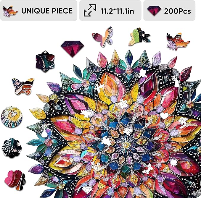 Wooden Jigsaw Puzzles 500 Pcs - Diamond Mandala Wooden Puzzles for Adults, Luxurious Shaped Wood Puzzle, Beautiful Package, Best Gift for Adults and Kids, Family Game, 16.7'' x 16.7''