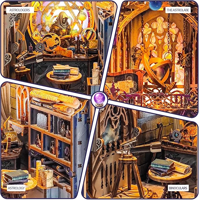 DIY Book Nook Kit, Miniature Dollhouse Booknook Kit, 3D Wooden Puzzle Bookend Bookshelf Insert Decor Diorama Kit with LED Light for Teens and Adults (Star Map Secrets)