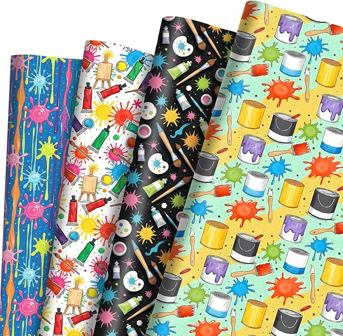 Pineraap 12 Sheets Art Wrapping Paper, Painting Palette Brushes Paint Design Gift Wrap Paper, Creative Art Doodles Folded Flat Gift Wrap for Artists, Birthdays, Celebrations, 19.7 x 27.6 Inch