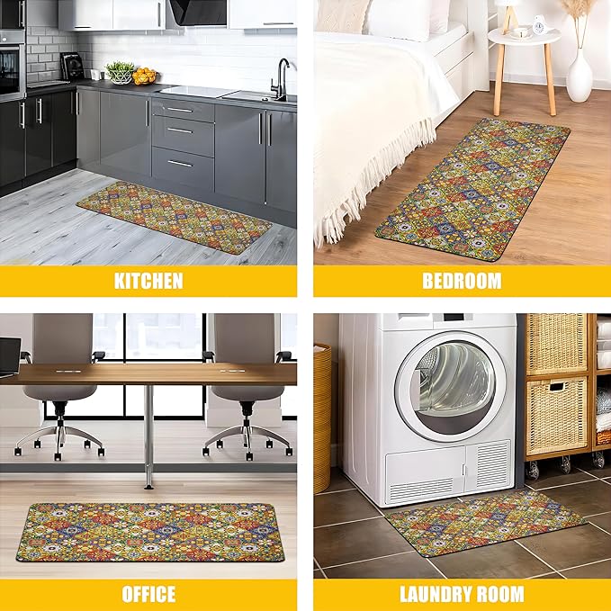 Boho Kitchen Rugs Set 2 Memory Foam Colorful Ceramic Comfort Tile Floor Mat Anti Fatigue Non-Skid PVC Runner Rug Water & Oil Proof Carpet for Kitchen Laundry Sink,17.3x28+17.3x47 Inch, C4