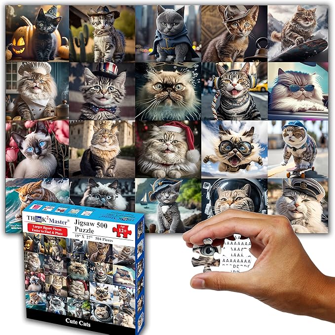 Think2Master Cute Cats 500 Pieces Jigsaw Puzzle Featuring heartwarming Kittens and Cats. Fun Toy Teens, Seniors & Families. Great Gift for Kids Ages 13+ Size: 26.8” x 18.9”