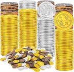 Hanaive 100 Pcs Pirate Coins Plastic Kids Fake Play Replica Spanish Doubloons St. Patrick's Coin for Pirate Party Treasure Chest Board Games Tokens Toys Cosplay (Gold, Silver, Bronze,Round)