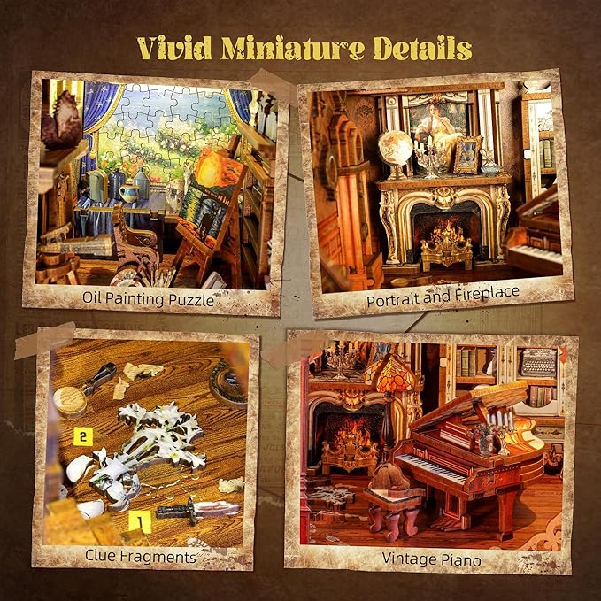 3D Wooden Puzzle Book Nook Kit with LED Light, DIY Miniature Bookshelf Insert Décor for Display, Unique Craft Gift for Adults and Teens (Key Tracking)
