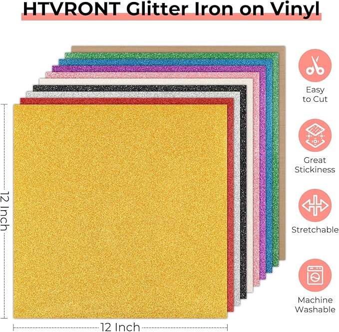 HTVRONT Glitter HTV Heat Transfer Vinyl Bundle: 10 Pack 12"x12" Iron on Vinyl for T-Shirt (1 PTFE Sheet Included), PU HTV Easy to Cut & Weed for Heat Design