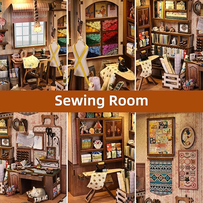 Book Nook Kit, DIY Miniature House Dollhouse Kit for Adults and Teens, 3D Wooden Puzzle Bookend Creative Bookshelf Insert Decor with LED Light, Gifts for Family, Friends (Sewing Room)