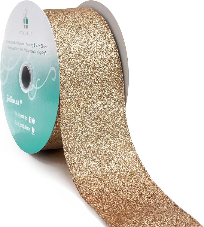 CT CRAFT LLC Glitter Wired Ribbon 2.5" x 20 Yards Gold (Champagne Gold) for Christmas Home Decor Bow Gift Wrapping DIY Crafts Wreath