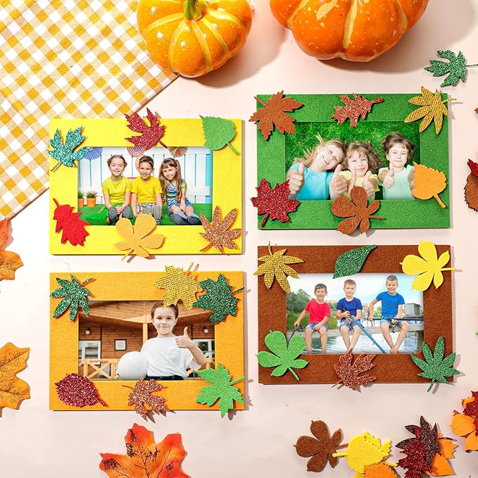 Ferraycle 232 Pcs Fall DIY Picture Frames Craft Kit Thanksgiving Felt Photo Frames with Leaves Pumpkin Harvest Crafts with Foam Stickers for Autumn Party Favor(Mix Color,Leaf)