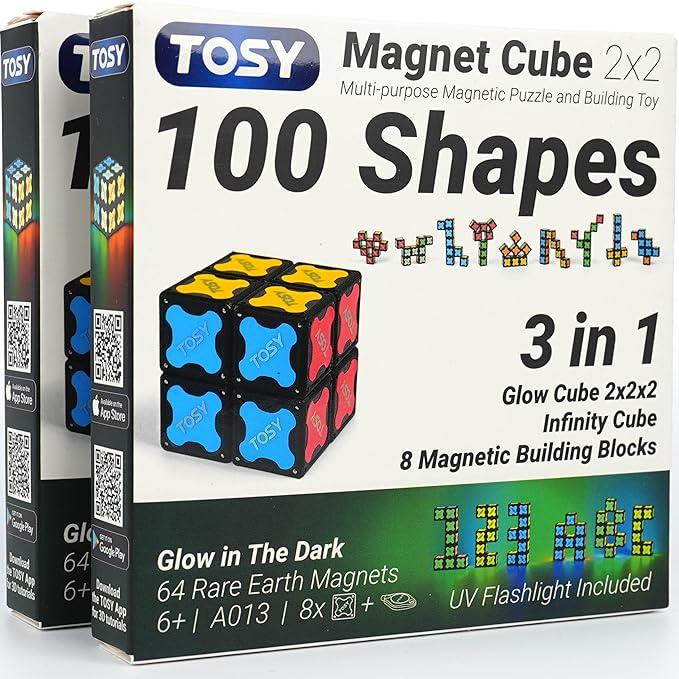 TOSY Magnet Cube 2x2 - 8 Blocks, 2 in 1 Toy: 2x2x2 Puzzle Cube and Customizable Infinity Cube, Glowing, UV Flashlight, Fidget/STEM/STEAM Magnet Tiles Birthday Gift for Kids/Teens/Adults, 2-Pack