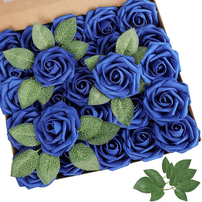AmyHomie Artificial Flower Royal Blue Rose 25pcs Real Looking Fake Roses w/Stem for DIY Wedding Bouquets Centerpieces Arrangements Party Baby Shower Home Decorations