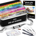 Shuttle Art 280 Colors Dual Tip Alcohol Based Art Markers, 279 Colors Permanent Marker Plus Colorless Blender, Micro-tip Pens, White Highlighter Pens, Marker Bag with Holders for Kids Adult Coloring