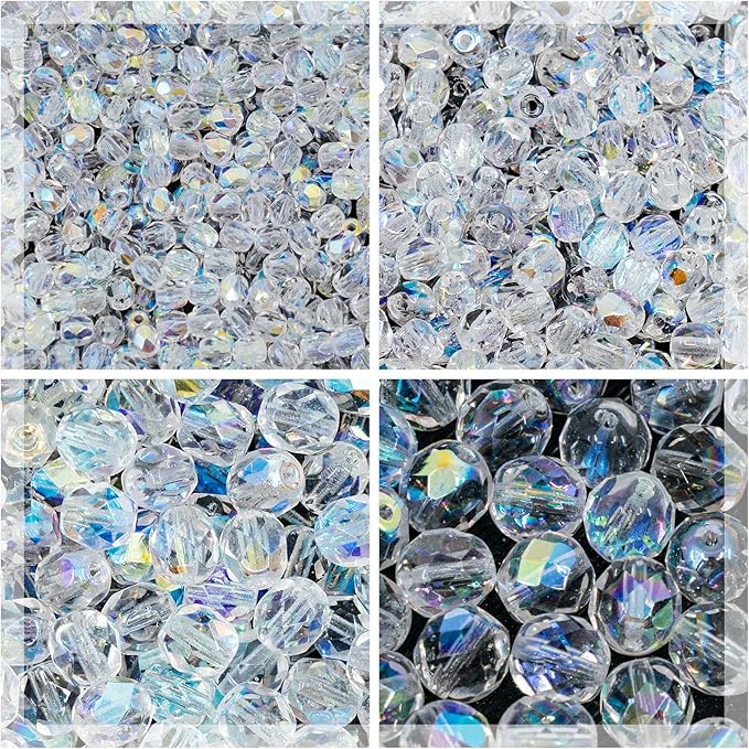 275 pcs Set of Czech Faceted Glass Beads, Fire-Polished Round Crystal AB - 3mm (100pcs), 4mm (100pcs), 6mm (50pcs), 8mm (25pcs) kit for Jewelry Making