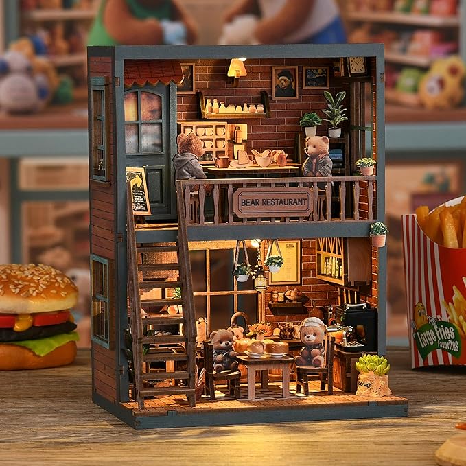 ISSEVE Book Nook Kit - DIY Miniature House Kit for Adults, Teens and Beginners, Dollhouse Booknook Craft Tiny House Bookshelf Decor 3D Wooden Puzzle, Gifts for Friends Family (Bear Restaurant)