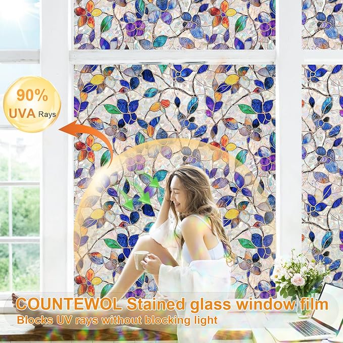 Window Privacy Film Stain Glass Window Film Rainbow Window Film Window clings Non-Adhesive Reusable Decorative for Room (Stained Leaf, 17.5 x 78.7 in)