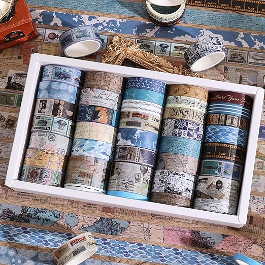 38 Rolls Vintage Washi Tape Set, Vintage Travel Stamp Map Scenery Art Letter Writable Decorative Tapes for Scrapbooking , Junk Journal Supplies, Bullet Journaling 5-25mm Wide 9.84ft long/Roll