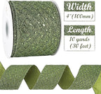 HUIHUANG Moss Green Wired Christmas Ribbon 4 inch Moss Glitter Wired Ribbon Diamond Mesh Wire Ribbon for X-mas Tree Decorations, Wreaths, Garland, Large Bows Making, Home Decor -10 Yards